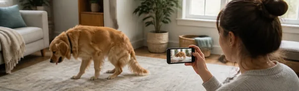 Pet owner safely recording a naturally occurring pet symptom for a veterinary appointment