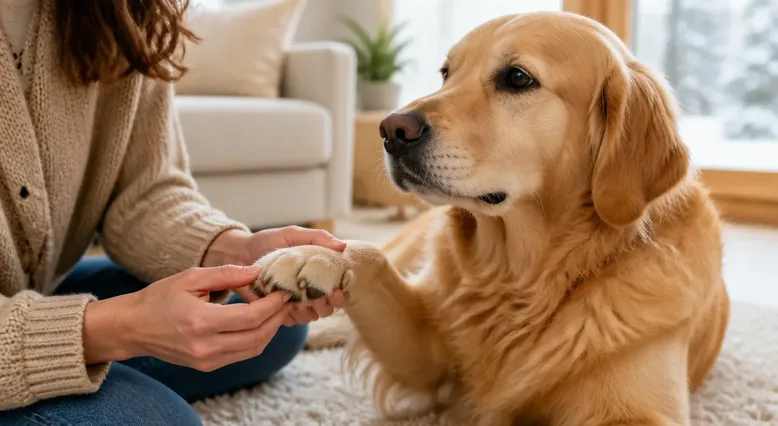 Dog owner calmly inspecting a dog’s paw and nails