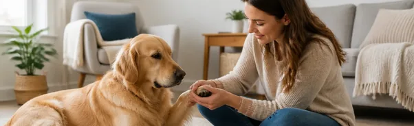 Dog owner calmly inspecting a dog’s paw and nails