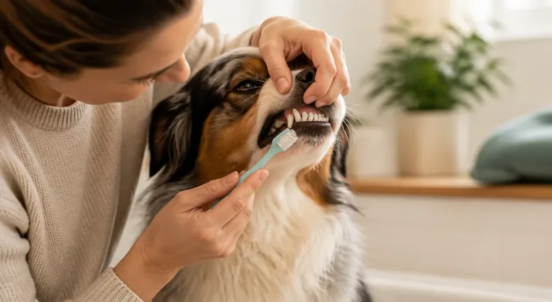 Dog calmly accepting a soft pet toothbrush during a gradual tooth-brushing routine