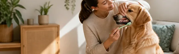 Dog calmly accepting a soft pet toothbrush during a gradual tooth-brushing routine