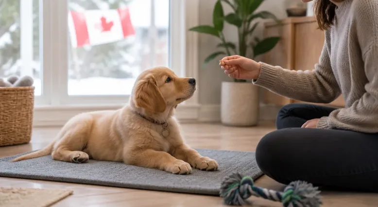 Puppy relaxing on a mat after a calm reward-based training session