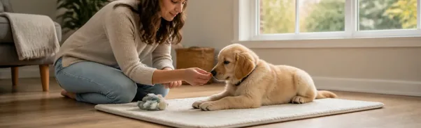 Puppy relaxing on a mat after a calm reward-based training session