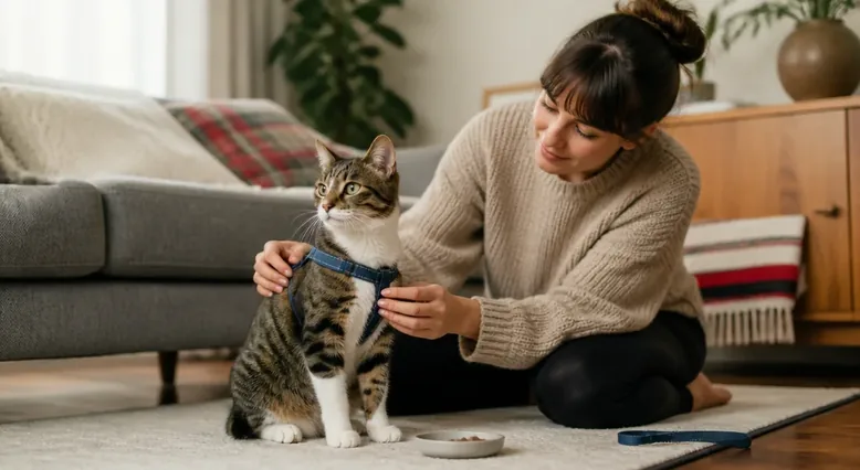 Cat calmly practising with a harness indoors beside a caregiver