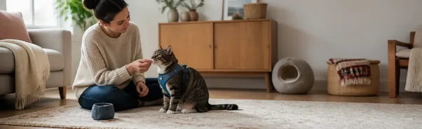 Cat calmly practising with a harness indoors beside a caregiver