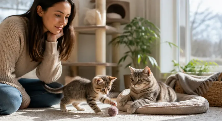 Person comparing a kitten and an adult cat for household adoption