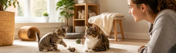 Person comparing a kitten and an adult cat for household adoption