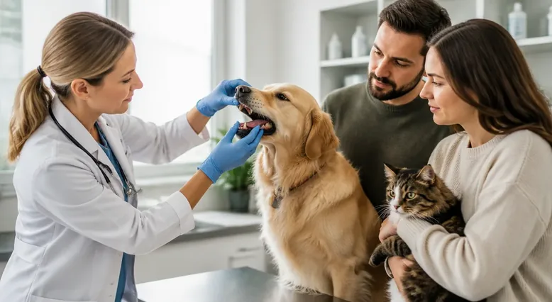 Veterinarian examining a dog’s teeth during a preventive dental assessment