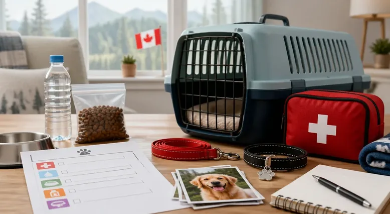 Pet emergency information sheet checklist beside a pet carrier and emergency kit