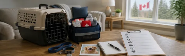 Pet emergency information sheet checklist beside a pet carrier and emergency kit