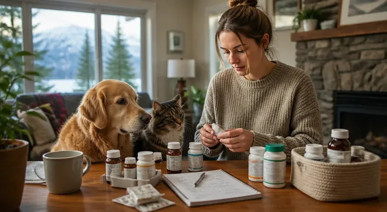 Pet owner organizing labeled medication containers and a medication record for a veterinary appointment