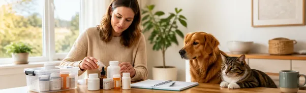 Pet owner organizing labeled medication containers and a medication record for a veterinary appointment