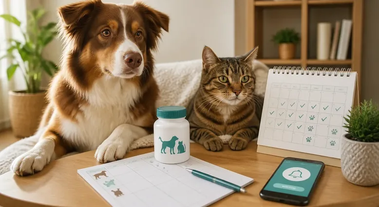 Pet medication reminder system with a labelled medication container, paper log, and calendar