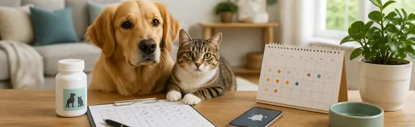 Pet medication reminder system with a labelled medication container, paper log, and calendar