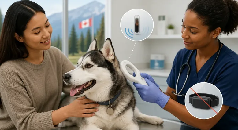 Veterinarian scanning a pet’s microchip while explaining registration to a Canadian pet guardian