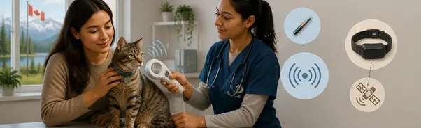 Veterinarian scanning a pet’s microchip while explaining registration to a Canadian pet guardian