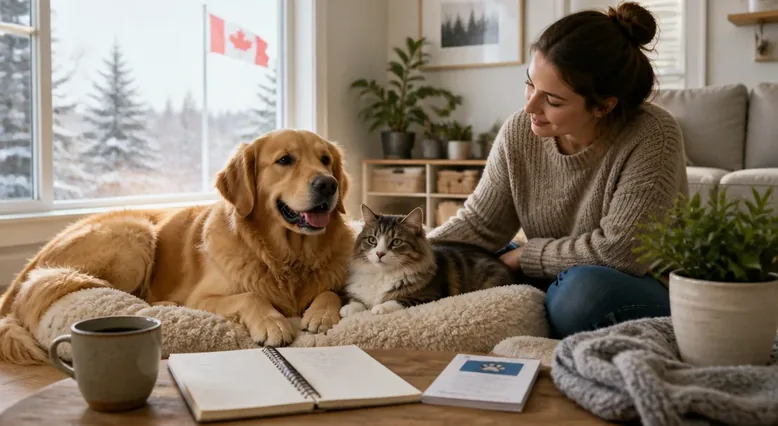 Pet owner monitoring a dog and cat after vaccination with veterinary aftercare notes