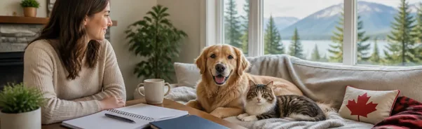 Pet owner monitoring a dog and cat after vaccination with veterinary aftercare notes