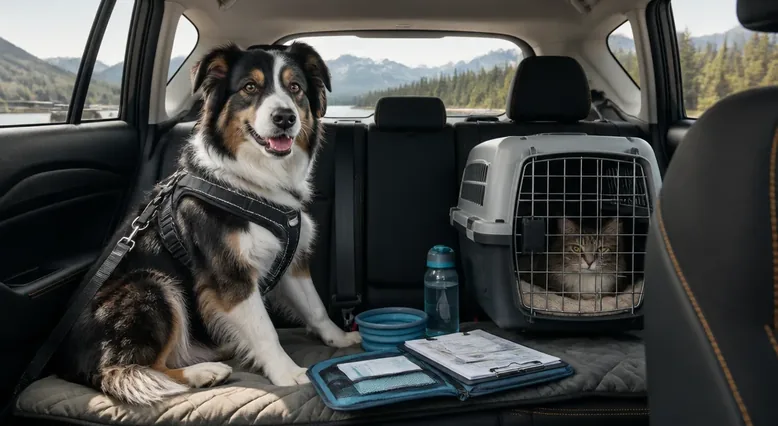 Dog and cat safely secured inside a vehicle during a Canadian road trip