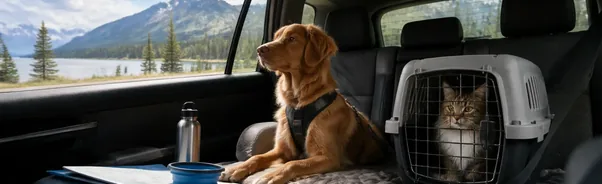 Dog and cat safely secured inside a vehicle during a Canadian road trip
