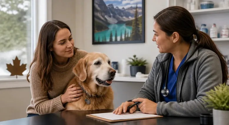 Pet owner discussing senior dog screening questions with a veterinarian