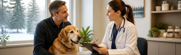 Pet owner discussing senior dog screening questions with a veterinarian
