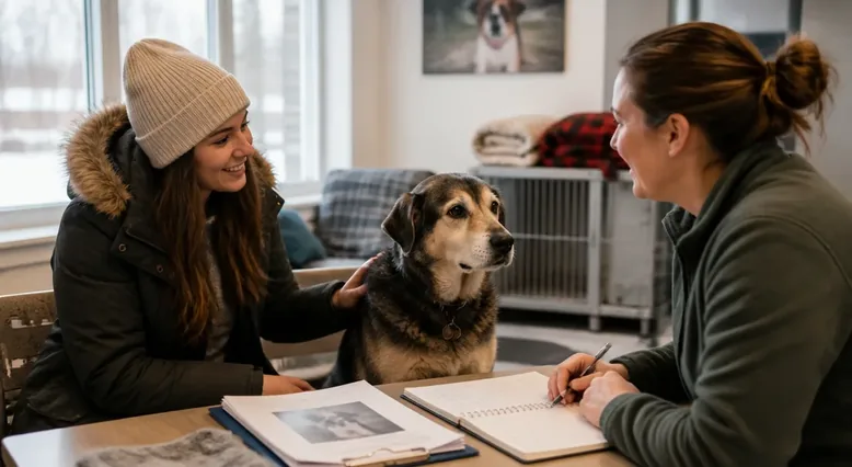 Person speaking with an adoption counsellor about an older dog at a shelter