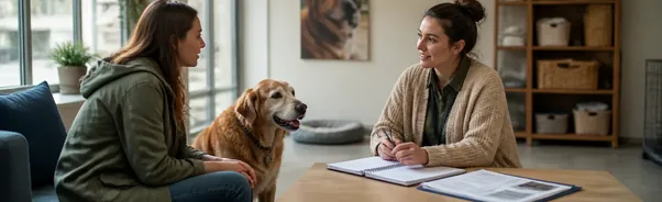 Person speaking with an adoption counsellor about an older dog at a shelter