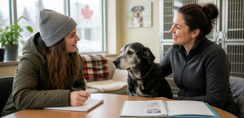 Person speaking with an adoption counsellor about an older dog at a shelter