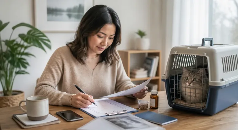 Pet owner reviewing questions and medical records before a veterinary specialist appointment