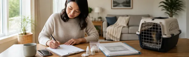 Pet owner reviewing questions and medical records before a veterinary specialist appointment