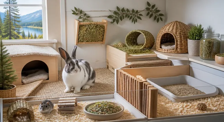 Rabbit resting on clean bedding beside a maintained litter area