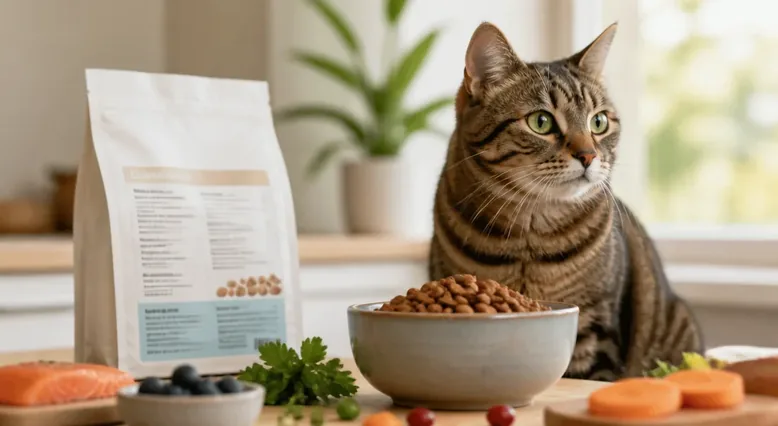Cat food bowl beside a nutrition label and measuring scoop