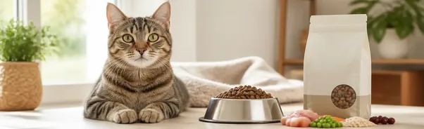 Cat food bowl beside a nutrition label and measuring scoop