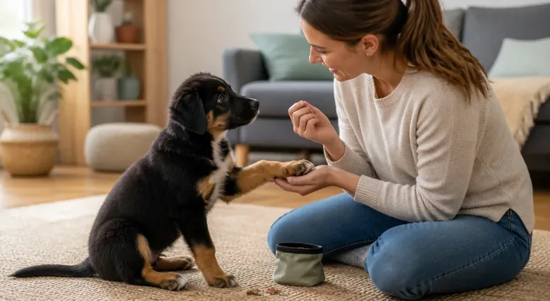 Puppy receiving gentle, reward-based handling while remaining relaxed