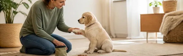 Puppy receiving gentle, reward-based handling while remaining relaxed