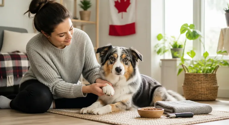 Dog calmly participating in a positive-reinforcement nail-care setup with a guardian