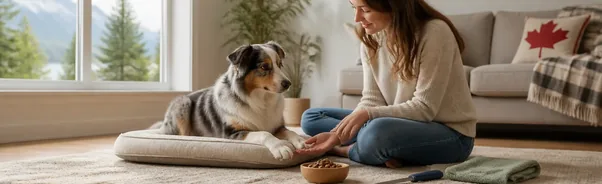 Dog calmly participating in a positive-reinforcement nail-care setup with a guardian