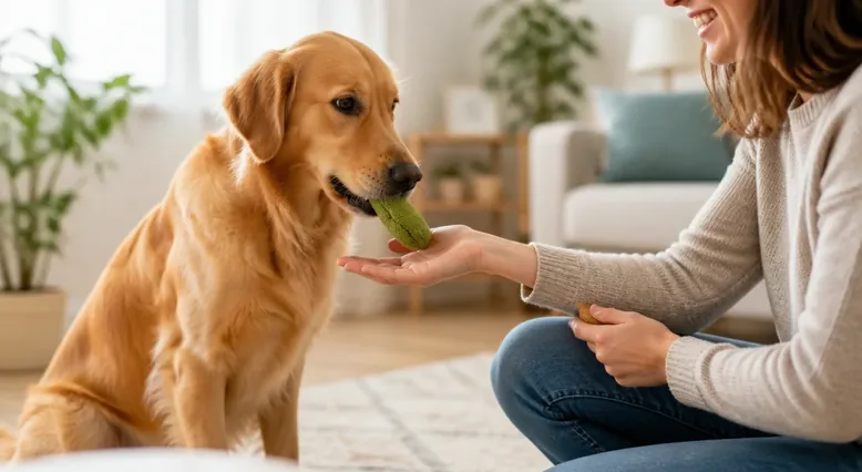 Dog voluntarily releasing a low-value toy during a reward-based training exchange