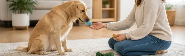 Dog voluntarily releasing a low-value toy during a reward-based training exchange