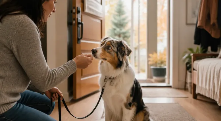 Dog calmly pausing beside a partly open door while its handler holds a leash