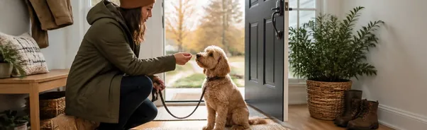 Dog calmly pausing beside a partly open door while its handler holds a leash