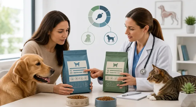 Pet owner reviewing a dog or cat food label while discussing nutrition questions with a veterinary professional