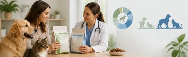 Pet owner reviewing a dog or cat food label while discussing nutrition questions with a veterinary professional