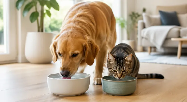 Dog and cat drinking fresh water from clean bowls at home