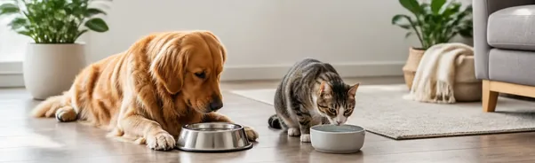 Dog and cat drinking fresh water from clean bowls at home