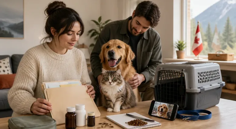 Dog and cat owners preparing records and supplies for a routine veterinary checkup