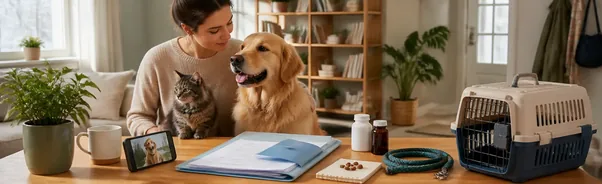 Dog and cat owners preparing records and supplies for a routine veterinary checkup