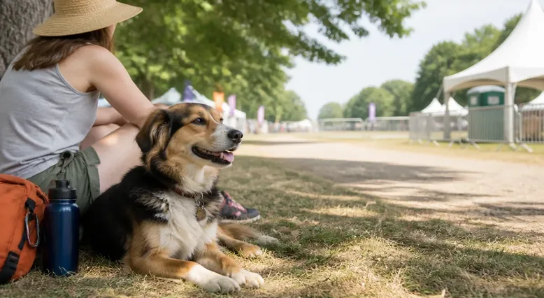 Dog with owner near a shaded area at an outdoor public event