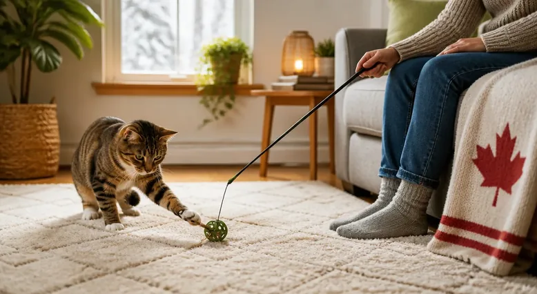Cat engaging with an appropriate toy while a person keeps hands and feet at a safe distance